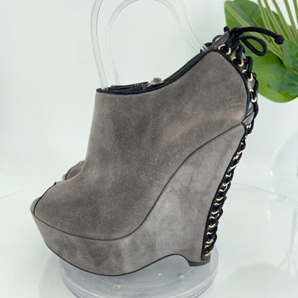 Saint Laurent Madge Suede Wedge Boots Women's Size 36 6 Gray Platform Lace Up - Picture 6 of 16